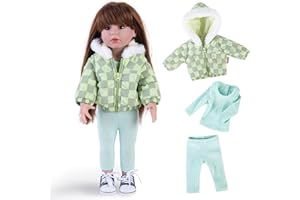 Rakki Dolli Doll Clothes 3 Pc. Set Light Green Grey Plaid Hooded Thick Coat Checkerboard Jacket with Long Sleeve, Warm Doll Outfit Hoodie Snowsuit Fits for 18" Dolls (Doll & Shoes not Included) 013