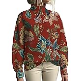 Women's Boho Floral Printed Mock Neck Long Sleeve Sweater Spring Casual Soft Knit Pullover Jumper Tops