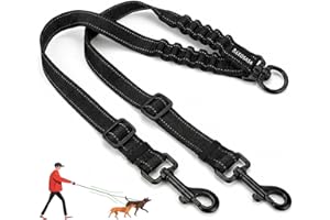 LEOSASA Double Dog Leash for 2 Dogs - No Tangle 360°Swivel Splitter with Reflective Stitching, Adjustable Length and Stretchy Shock-Absorbing Comfort, for Small/Medium Dogs Walking Training (L（2.5cm）)