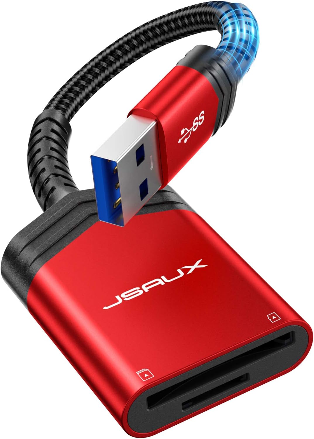 SD Card Reader USB 3.0 [2-in-1], JSAUX Dual Flash Memory Card Adapter for TF, SD, Micro SD, SDXC, SDHC, MMC, RS-MMC, Micro SDXC, Micro SDHC, UHS-I, Plug and Play, Read 2 Cards Simultaneously -Red: Computers & Accessories