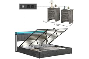 LUXOAK 3 Pieces Farmhouse Bedroom Set, Includes King Size Lift Up Storage Bed Frame with LED Lights and Linen Upholstered Headboard, Nightstand Set of 2 with Charging Station, Grey
