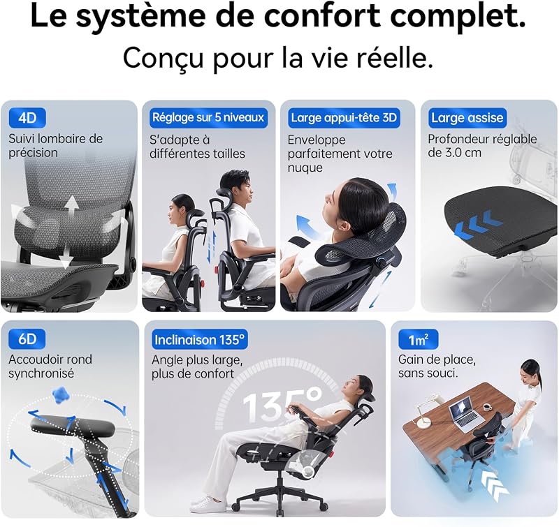 B300 Pro Chaise Ergonomique, Support Lombaire Adaptatif, Noir — photo 4 sur 8