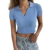 Hyipels Women Knit Crop Polo Shirts,Summer Short Sleeve Ribbed Collared T-Shirt Solid Fitted V Neck Tops
