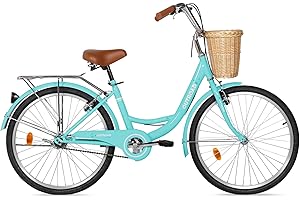 Max4out Beach Cruiser Bike for Adult, Womens Bicycle with Rattan Front Basket, 24 & 26 Inch Comfort Bikes with Adjustable Seat and Dual V-Brake (Pink & White & Green & Purple & Black)