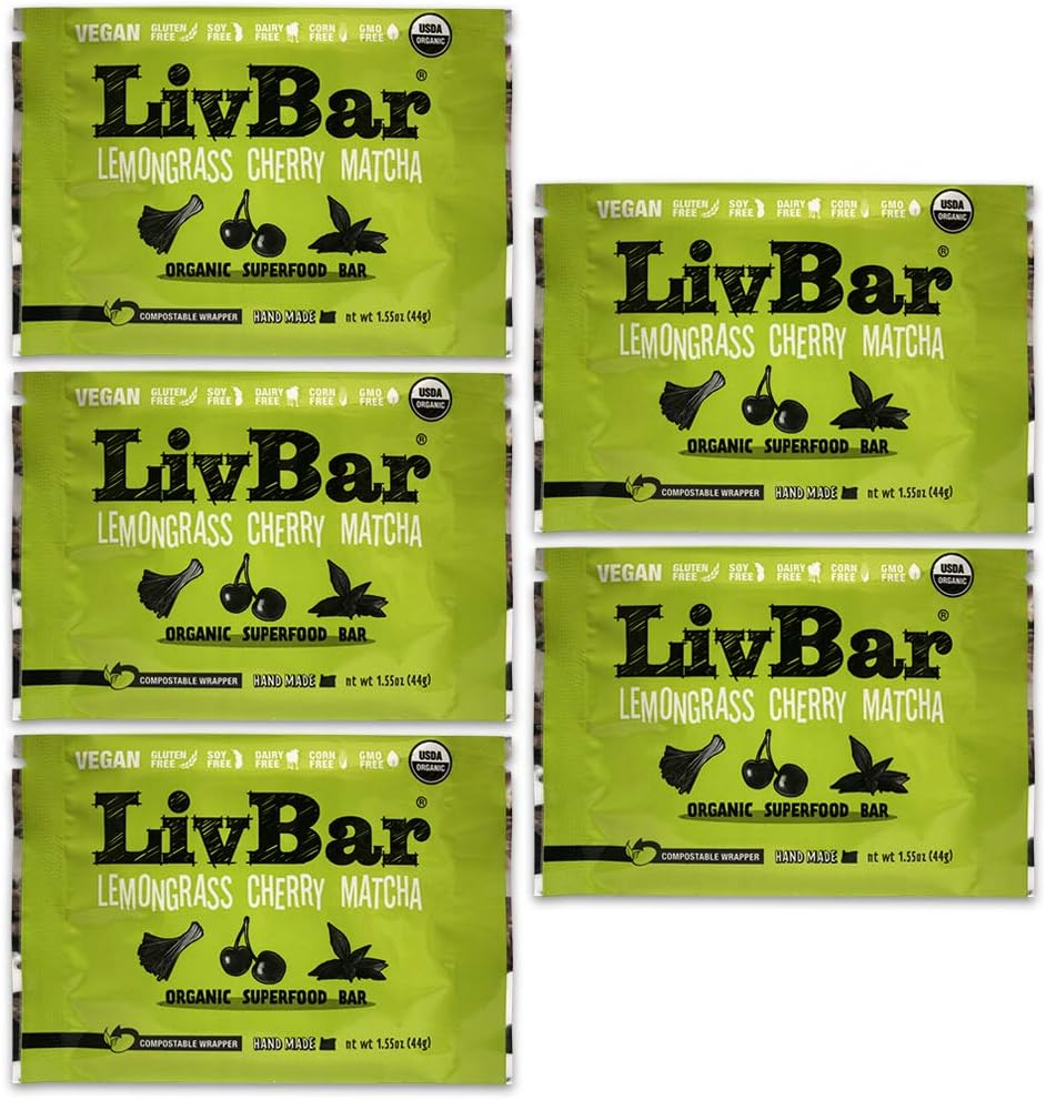 LivBar - Lemongrass Cherry Matcha Organic Superfood Nutrition Bar - USDA Certified - Non-GMO - Gluten Free, Peanut Free, Soy Free, Dairy Free, Protein Snack Bars with Compostable Wrapper - 5 Pack