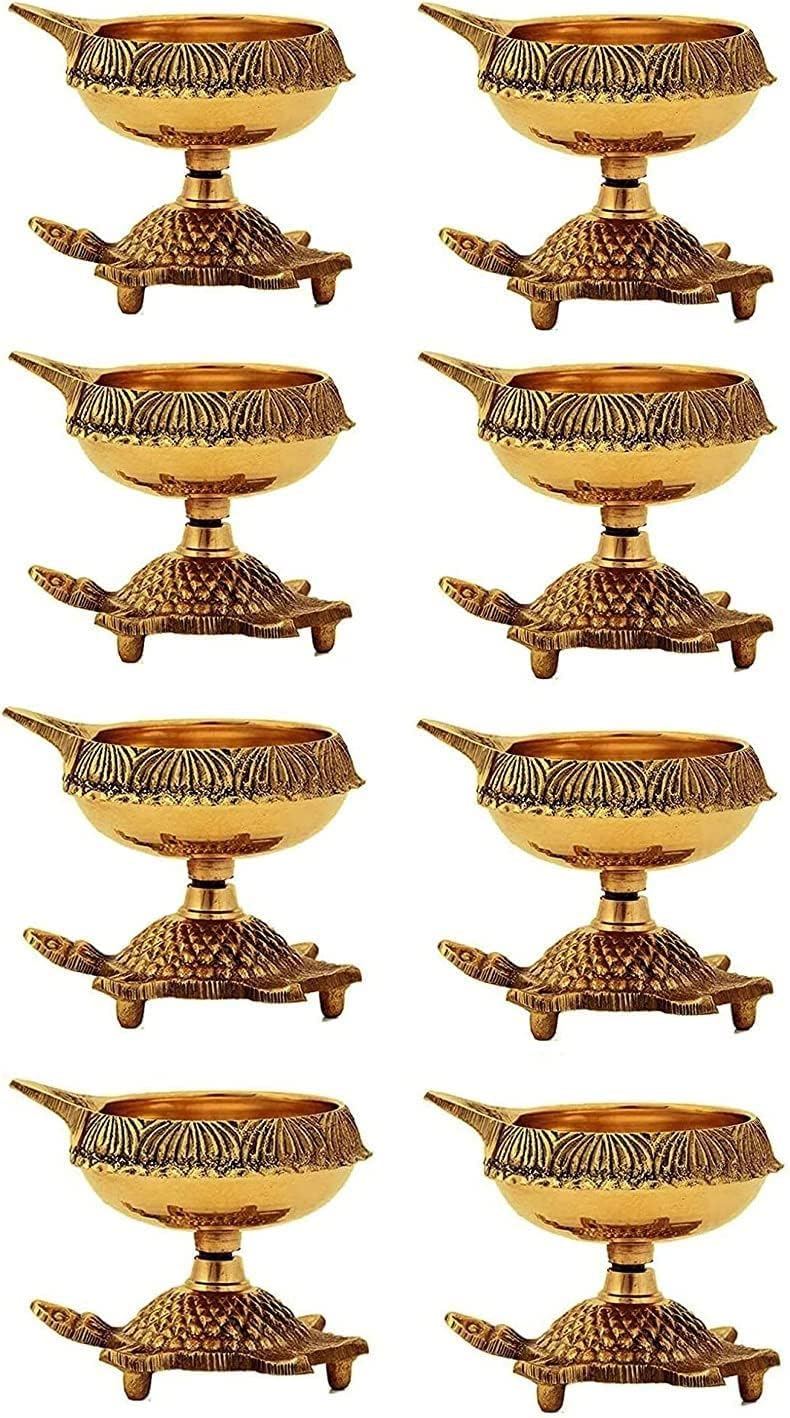 Oil Lamps & Accessories - 10 Pc Big Size Heavy Brass Kuber Turtle Diya for Diwali Decoration Handmade Oil Lamp with Golden Engraved Virgin Brass Metal Diwali Diya Vilakku for Puja Pooja Indian Deepawali Gift Items