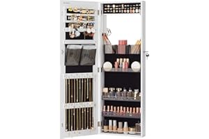 SONGMICS Jewelry Cabinet Armoire with Mirror, Wall or Door Mount Storage Organizer with Full-Length Frameless Mirror, Lockable Cabinet with Built-in Small Mirror, Shelves, Gift Idea, White UJJC003W01