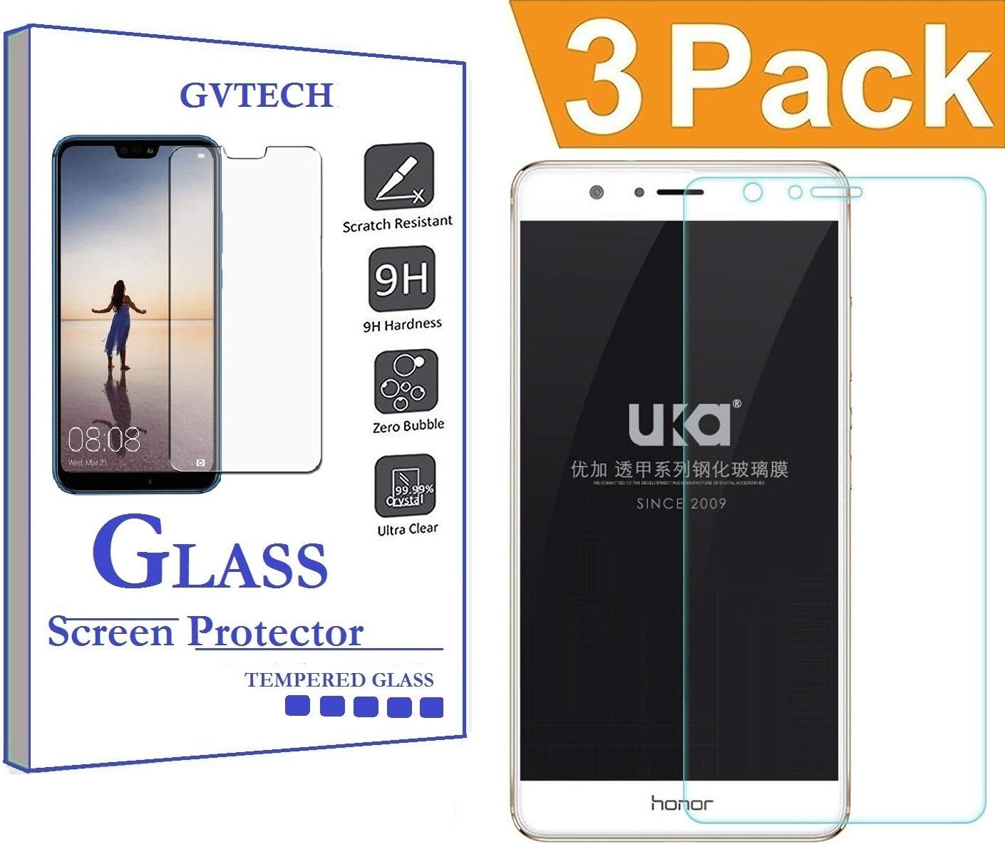 GVTECH Screen Protector for Huawei Honor 8, Tempered Glass Screen Protector[0.3mm, 2.5D][Bubble-Free][9H Hardness][Easy Installation][HD Clear] for Huawei Honor 8(3 Pack)
