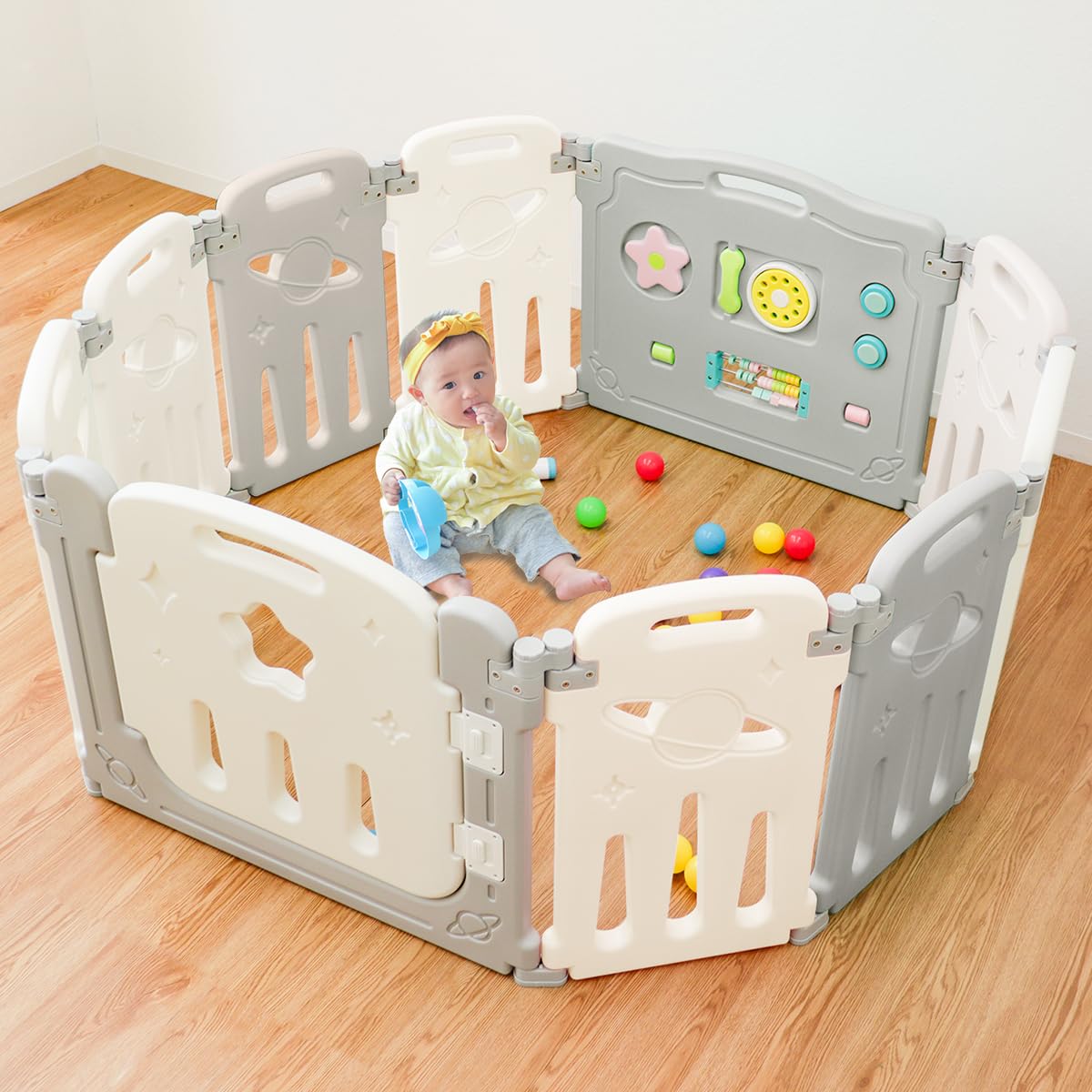 WEIMALL ベビーサークル 折りたたみ 小さめ キッズサークル 10枚セット 116.5cm×116.5cm おもちゃパネル付き ドアロック付き 折りたたみ 簡単組立 出産祝い プレゼント(グレー×ホワイト)GAD00900GY商品画像
