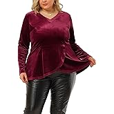 Agnes Orinda Women's Plus Size Retro Velvet Velour Tops V Neck Tulip Hem Long Sleeve Christmas Peplum Blouse