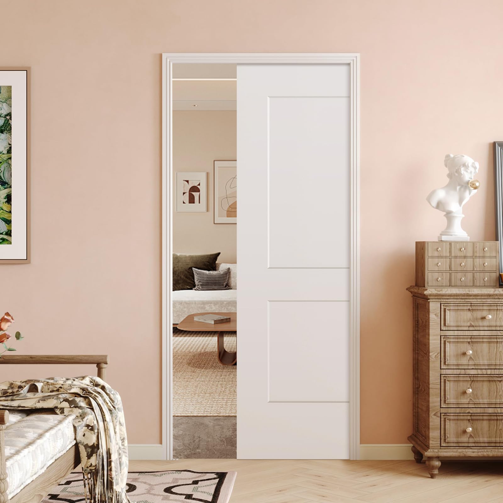 Photo 1 of BARNSMITH 36in x 80in Sliding Pocket Door, Track Hardware and Frame Kits with 2-Panel White Paintable Door Slab Included, Soft Close Mechanism, Durable and Smooth