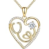 AmorAime 925 Sterling Silver Heart Necklace Nurse Birthstone Necklace 14K Gold Plated or Rose Gold Plated Stethoscope Necklaces for Doctor Medical RN for Festival or Holiday