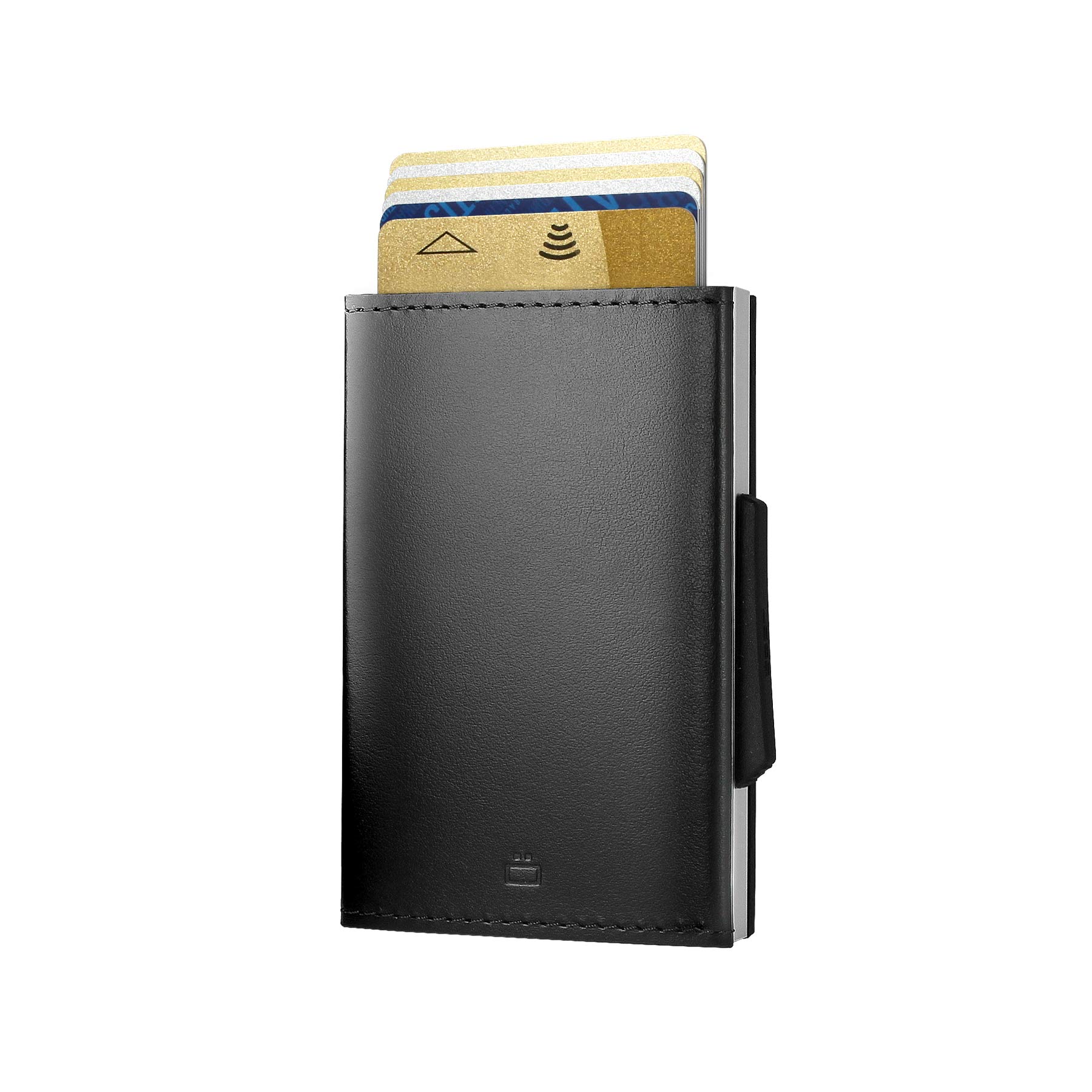 ÖGON Smart Wallets - Cascade Slim Wallet - Automatic Wallet in Aluminium and Leather - RFID Protection - Capacity 8 Cards and Banknotes, Black Leather Silver Aluminium, One Size, Minimalist, Leather
