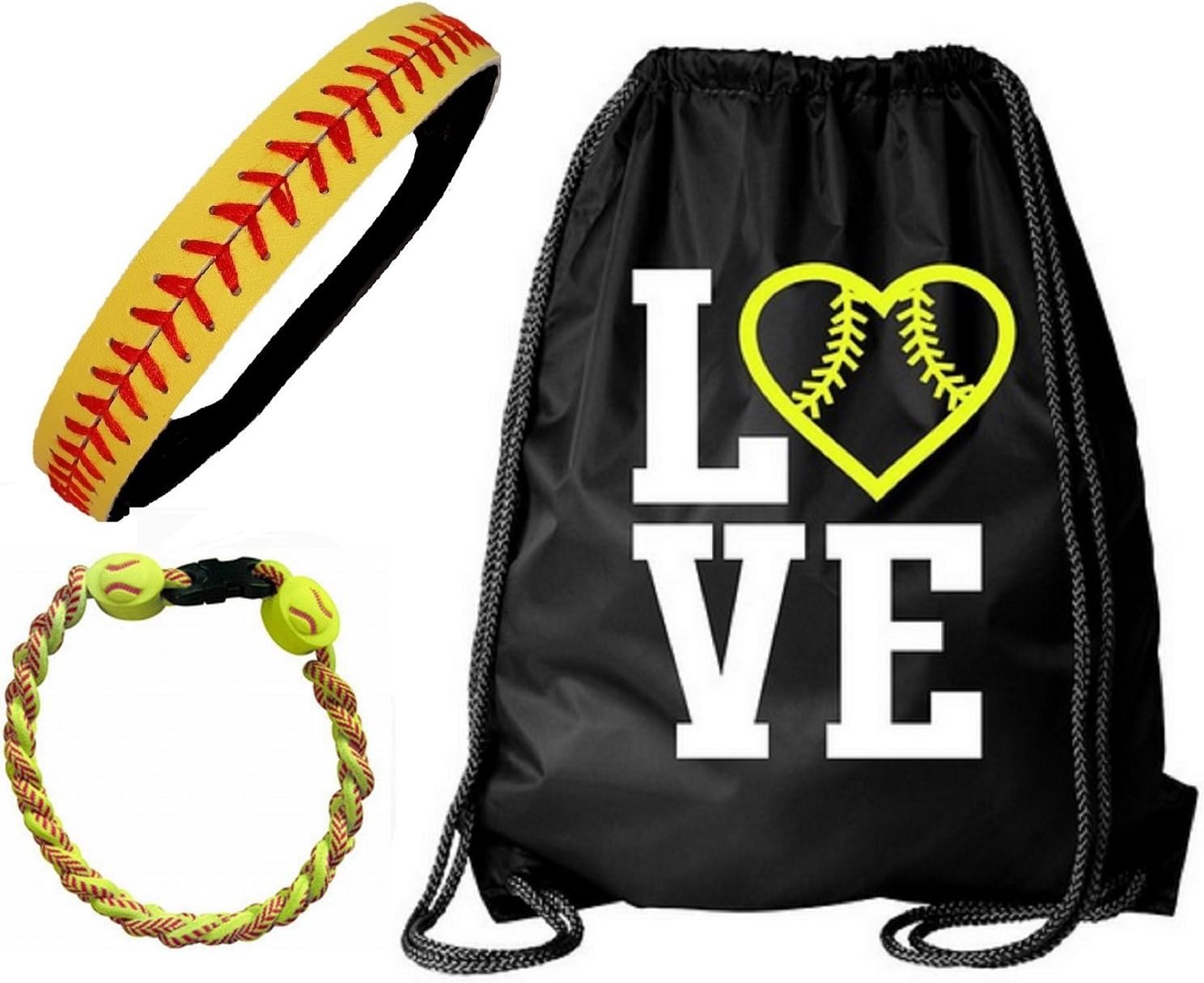 Kenz Laurenz Softball Gifts - Leather Seamed Headband, Softball Bracelet, Cinch Bag (Softball Set Bag Headband Bracelet)