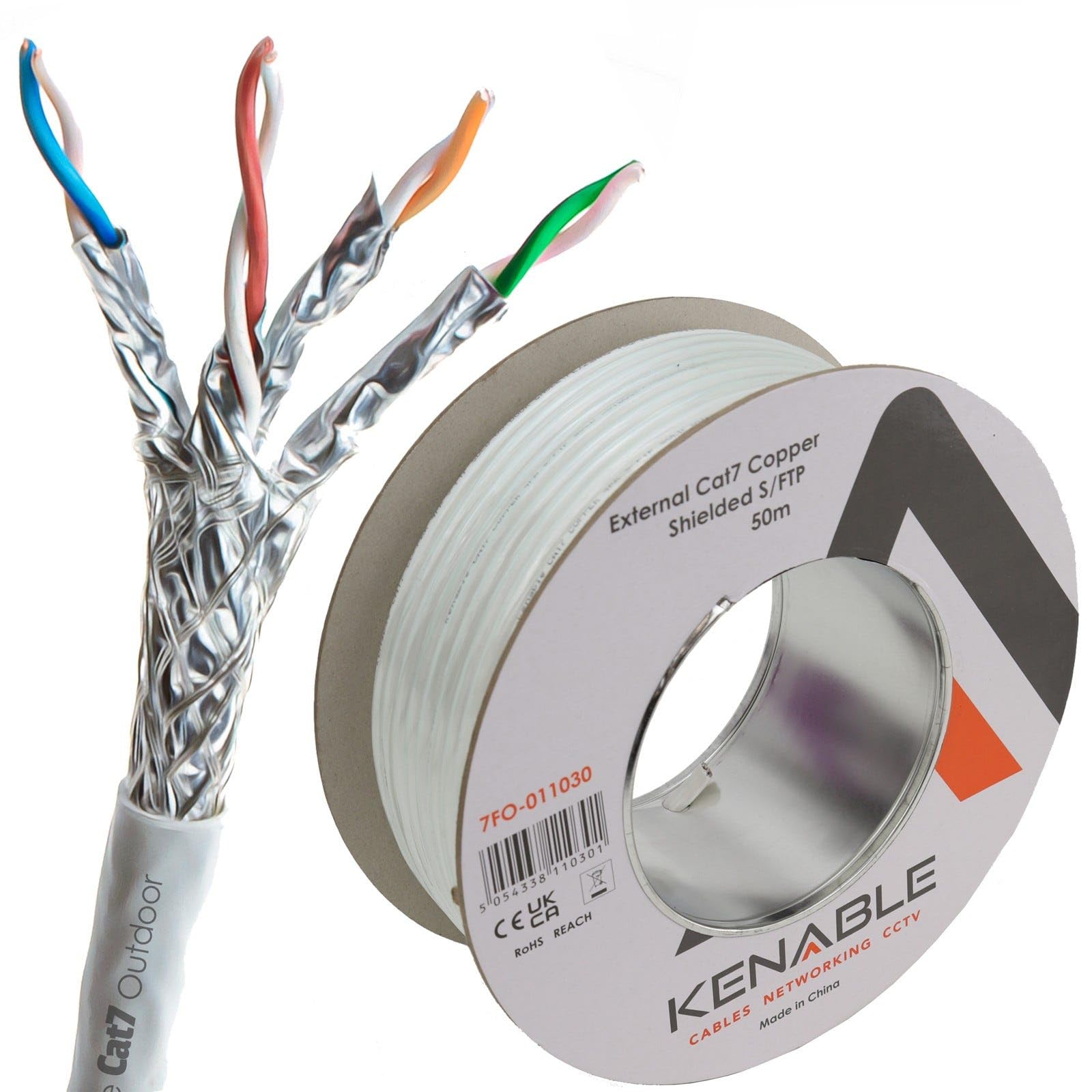 kenable External Cat7 Ethernet Cable Shielded S/FTP Outdoor Copper Network 23AWG UV Resistant 10Gbps 600MHz Reel 50m White