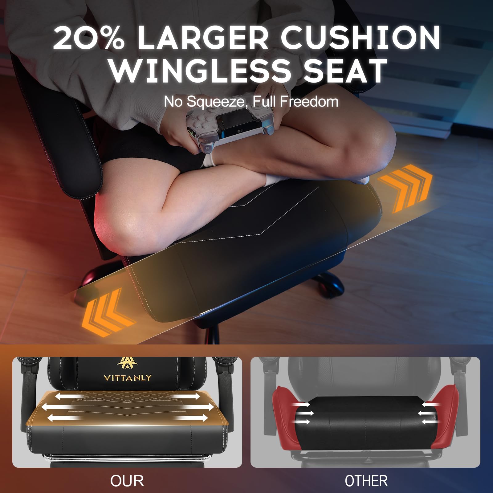 Vittanly Gaming Stuhl mit Frühling Kissen, Ergonomischer Gaming Chair Gamer Stuhl mit Kopfstütze, Lendenkissen und Fußstütze, Höhenverstellbarer Drehbarer Gaming Sessel Bürostuhl 150 kg, Schwarz 6