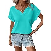 Ovanviso Women's Notched V Neck Batwing Sleeve T Shirts Summer Rolled Sleeve Tops Basic Loose Fit Short Sleeve Tees