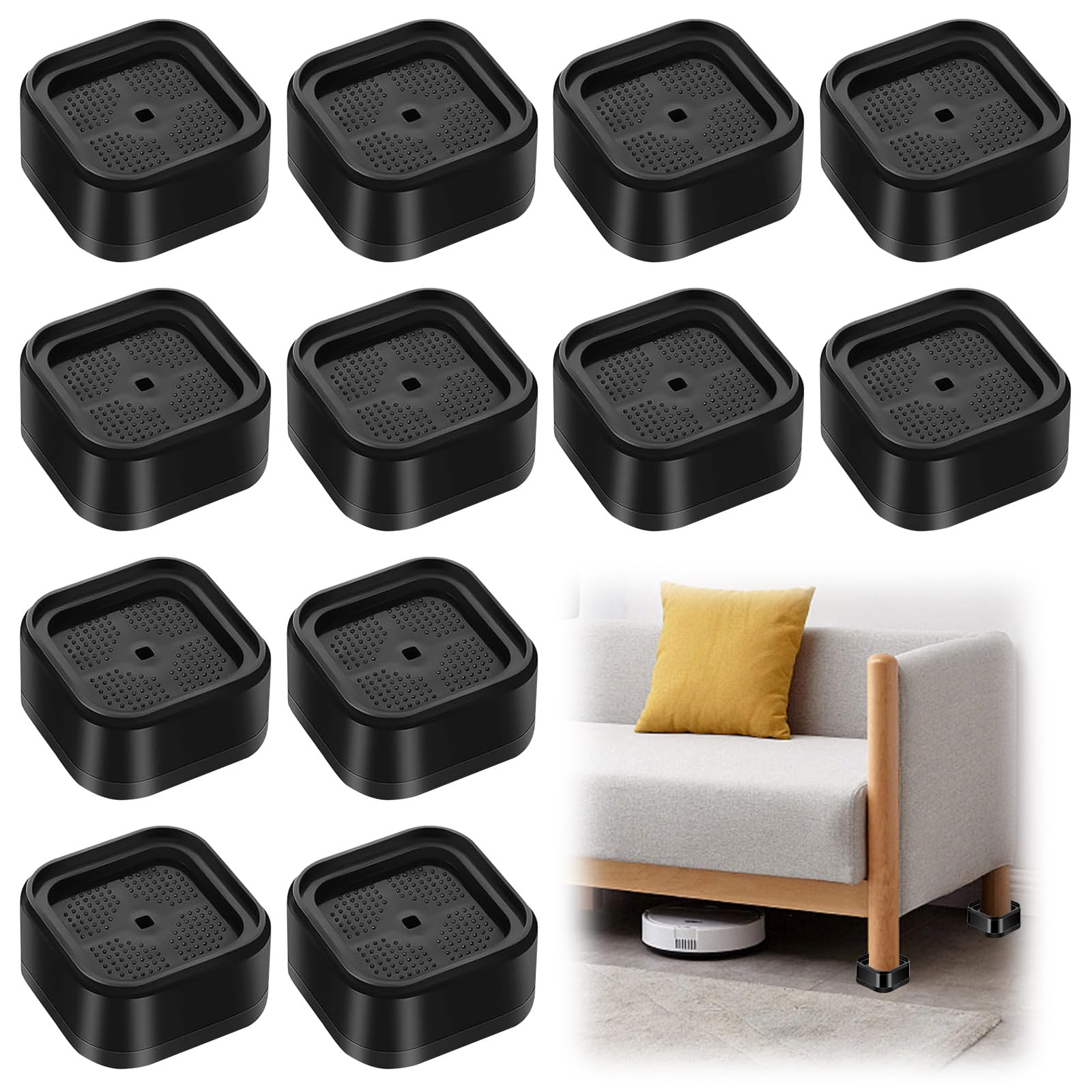 Qivine Bed Risers 12 Pack, 1 Inch/2 Inch/4 Inch Heavy Duty Furniture Risers, Adjustable Chair Raisers, Stackable Sofa Risers Anti Slip Desk Risers for Sofa, Table, Chair Raisers Black