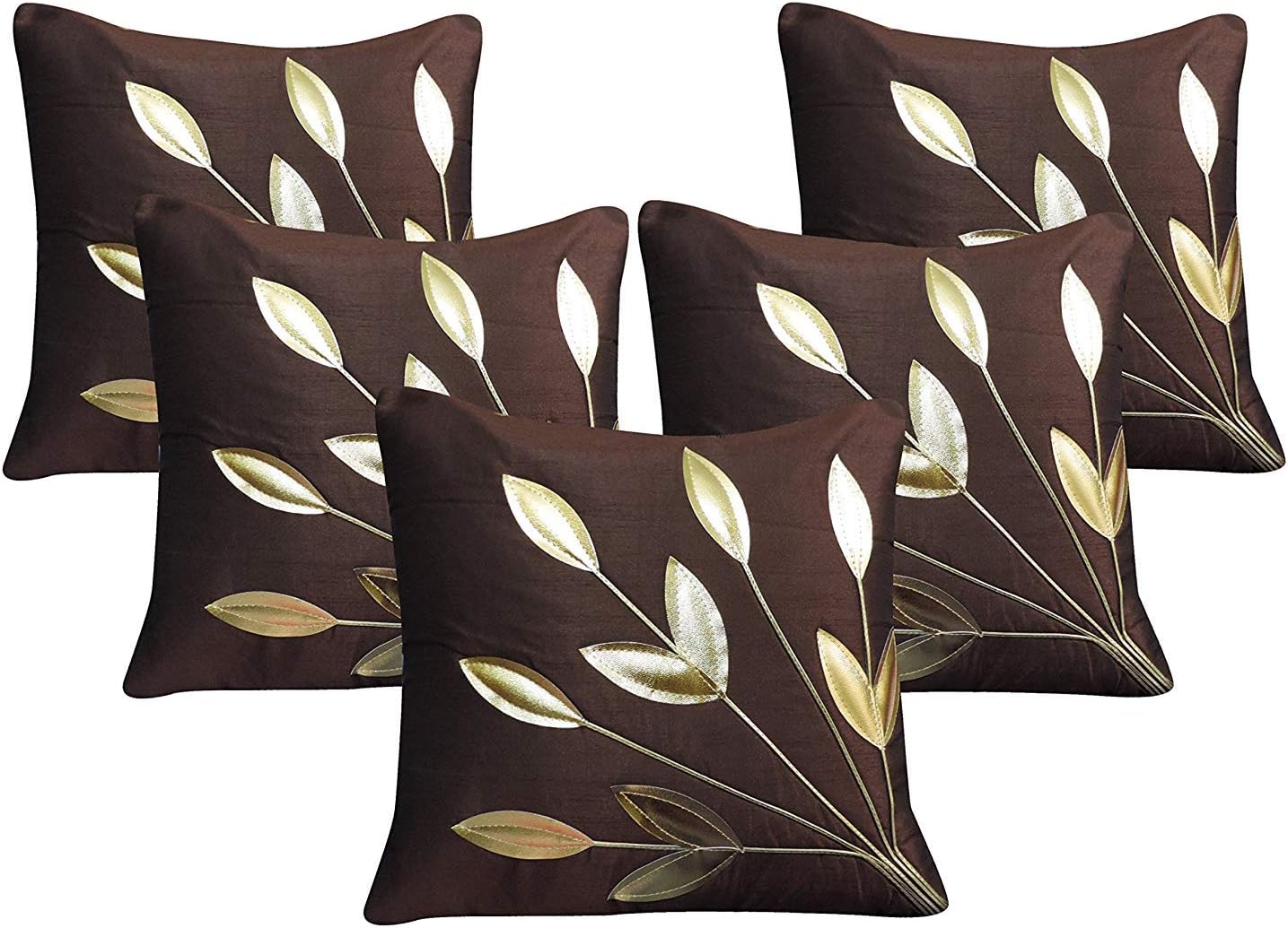 FabLooms Polysilk Leaf Design Cushion Covers (40.64 x 40.64cm, Brown and Golden) - Set of 5