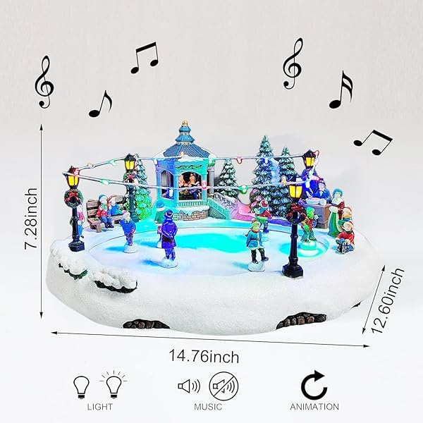 MOMENTS IN TIME ANIMATED SKATING POND 7.28”H LED CHRISTMAS VILLAGE DISPLAY WITH MOVING SKATERS, LIGHTS & MUSIC, ADAPTER OR BATTERY OPERATED, HANDCRAFTED POLYRESIN DECOR
