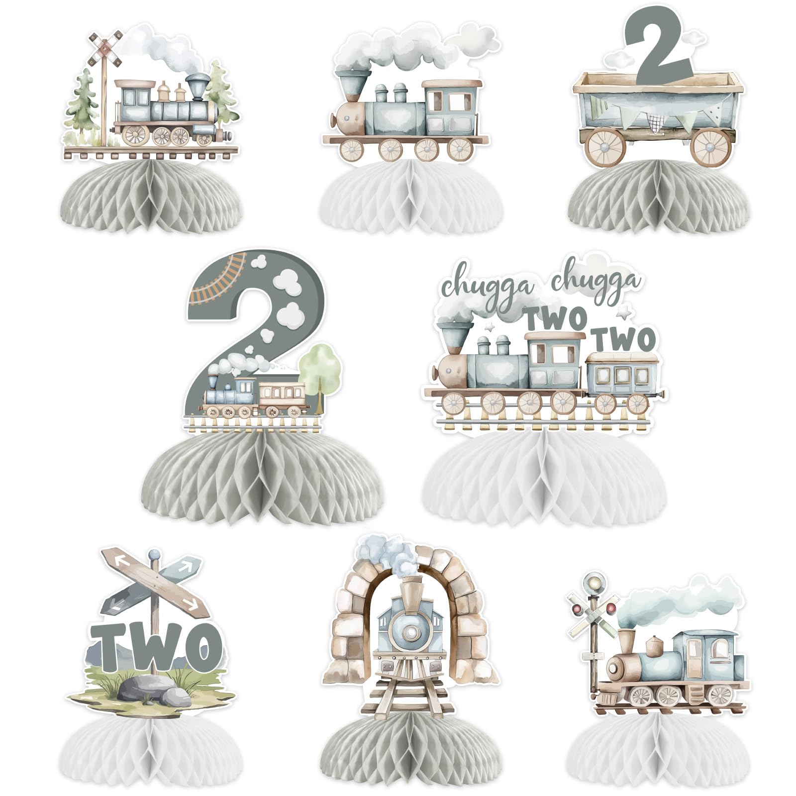 kreat4joy Train 2nd Birthday Decoration Boy, 8pcs Chugga Chugga Two Two Party Decoration Table Honeycomb Centerpiece for Vintage Train Choo Choo I’m Two 2nd Second Birthday Supplies