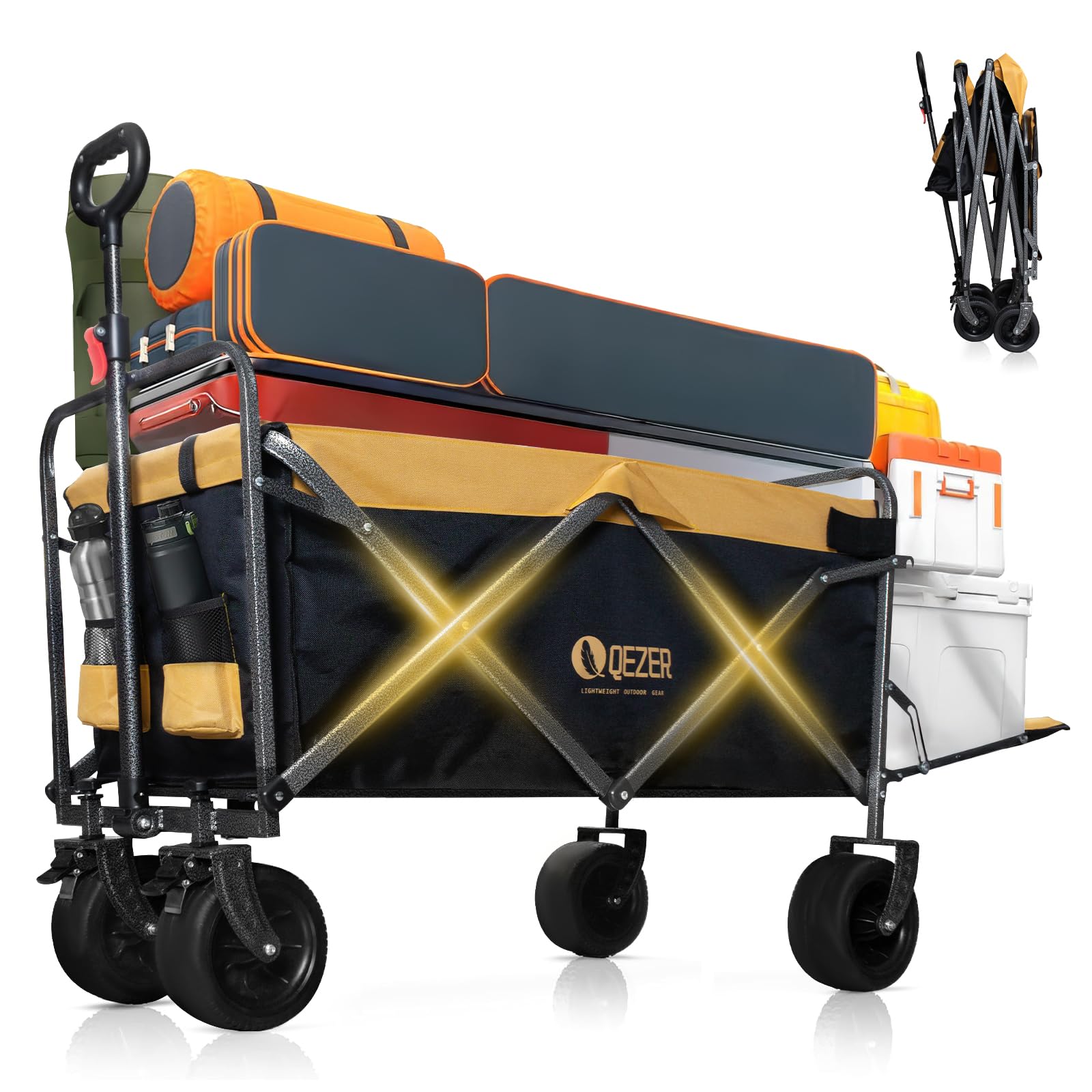 QEZER Bollerwagen faltbar,Tragfähigkeit 210 kg, Multifunktionaler Faltwagen mit geländegängigen Rädern, tragbar für Camping, Garten, Einkaufen und Strand