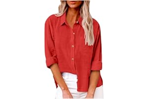 Women Cotton Linen Shirts Casual Button Down Long Sleeve Summer Tops Solid Color Fashion Blouse with Pockets
