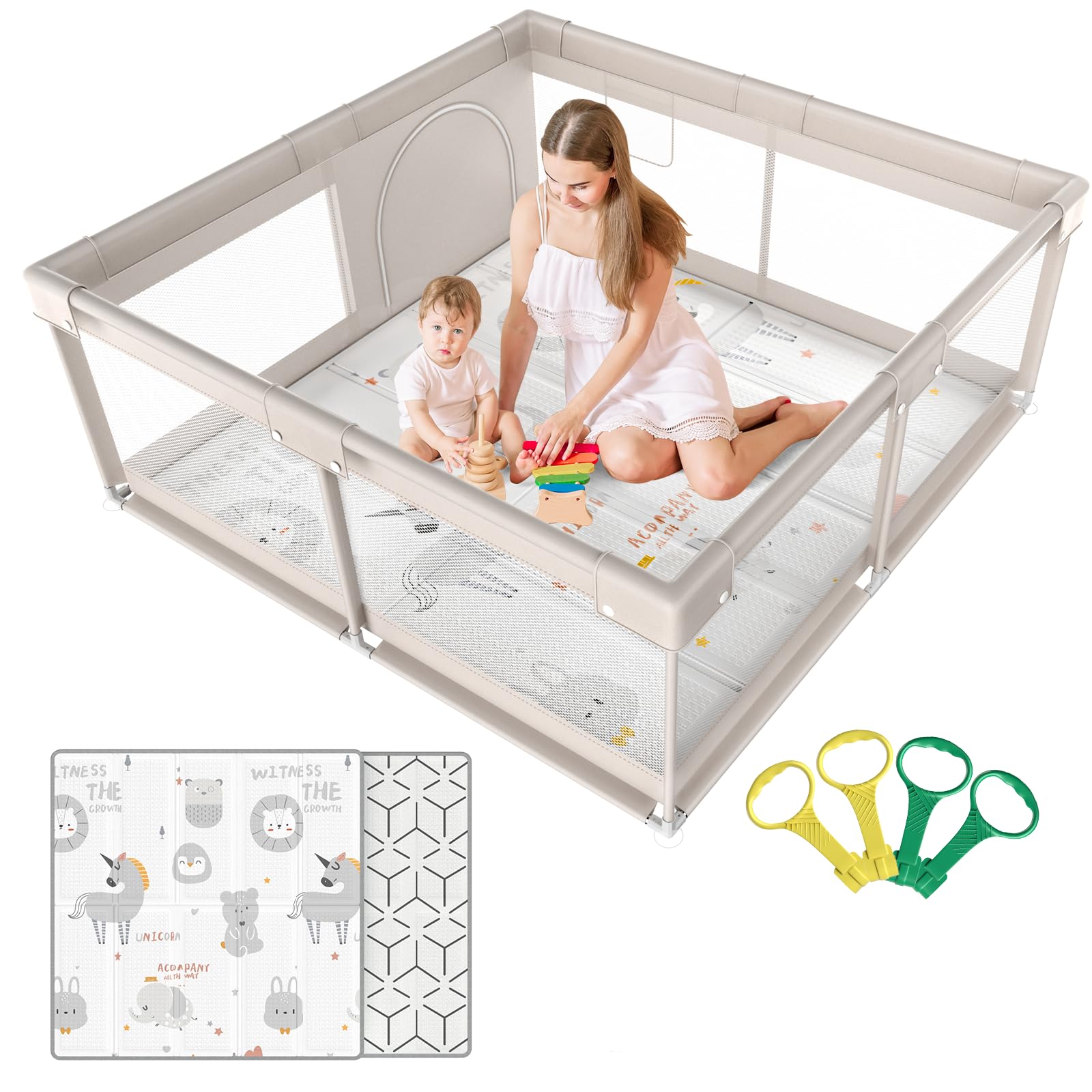 Photo 1 of **s* used; it's unknown if it's missing parts and if it works 100%.******ZEEBABA Baby Playpen with Mat, 59x59 in Playpen for Babies and Toddlers, Play Pen for Kids, Play Yard for Infants with Gate