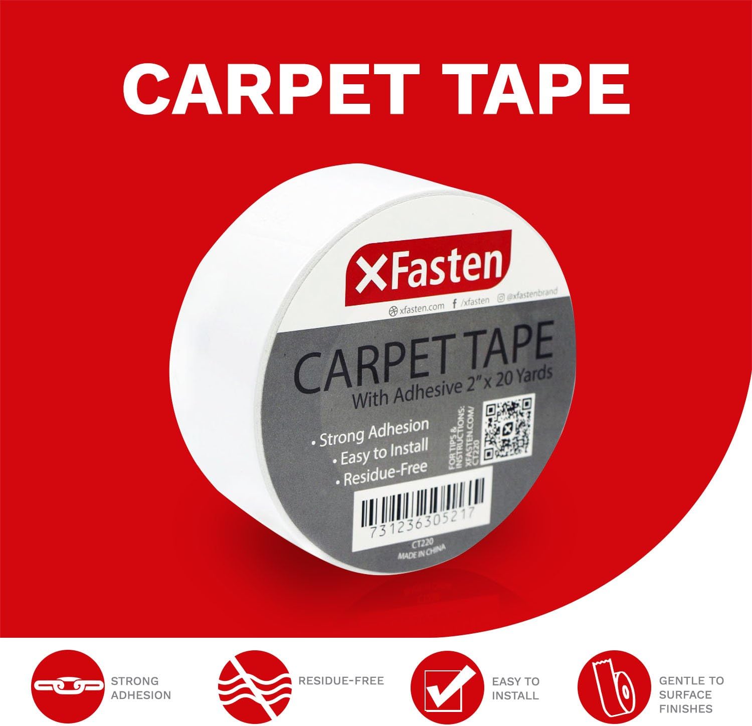 XFasten Double Sided Tape Carpet Tape, Removable, 2 Inches x 20 Yards (Single Roll) - - 