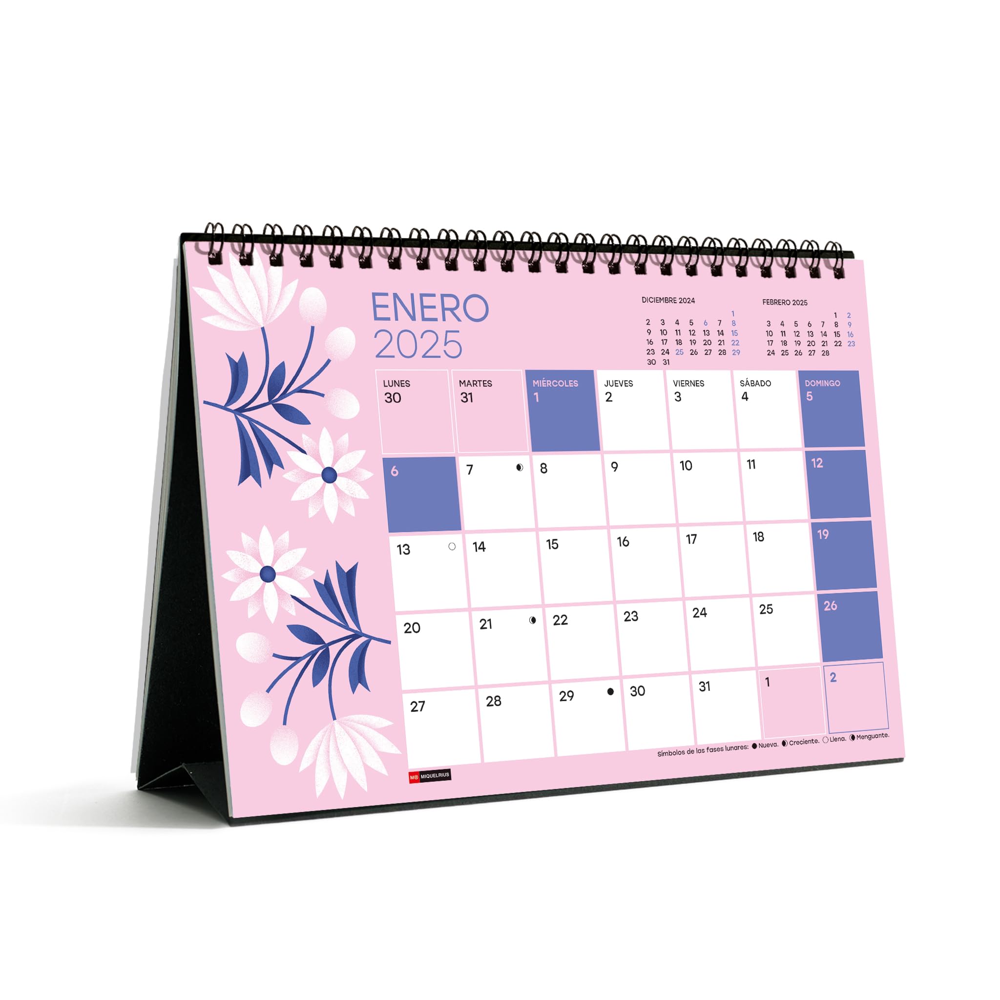 Miquelrius Desktop Calendar 2025 A5 210 x 148.5 mm with Writing Space 2025 Calendar Twin-Spiral Binding Annual Desk Calendar Spanish Flowers Design