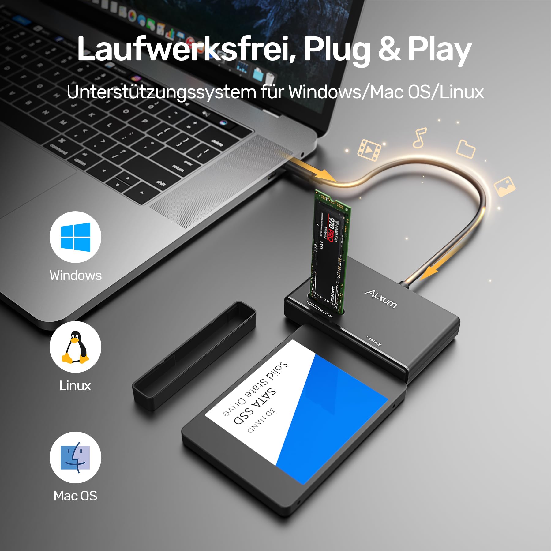 Alxum M2 NVME Gehäuse und SATA Adapter, 10Gbps M2 SSD Gehäuse, USB 3.2 Typ C M.2 SSD USB Adapter für M.2 PCIe/Nvme, AHCI SATA HDD Festplatten Case 3