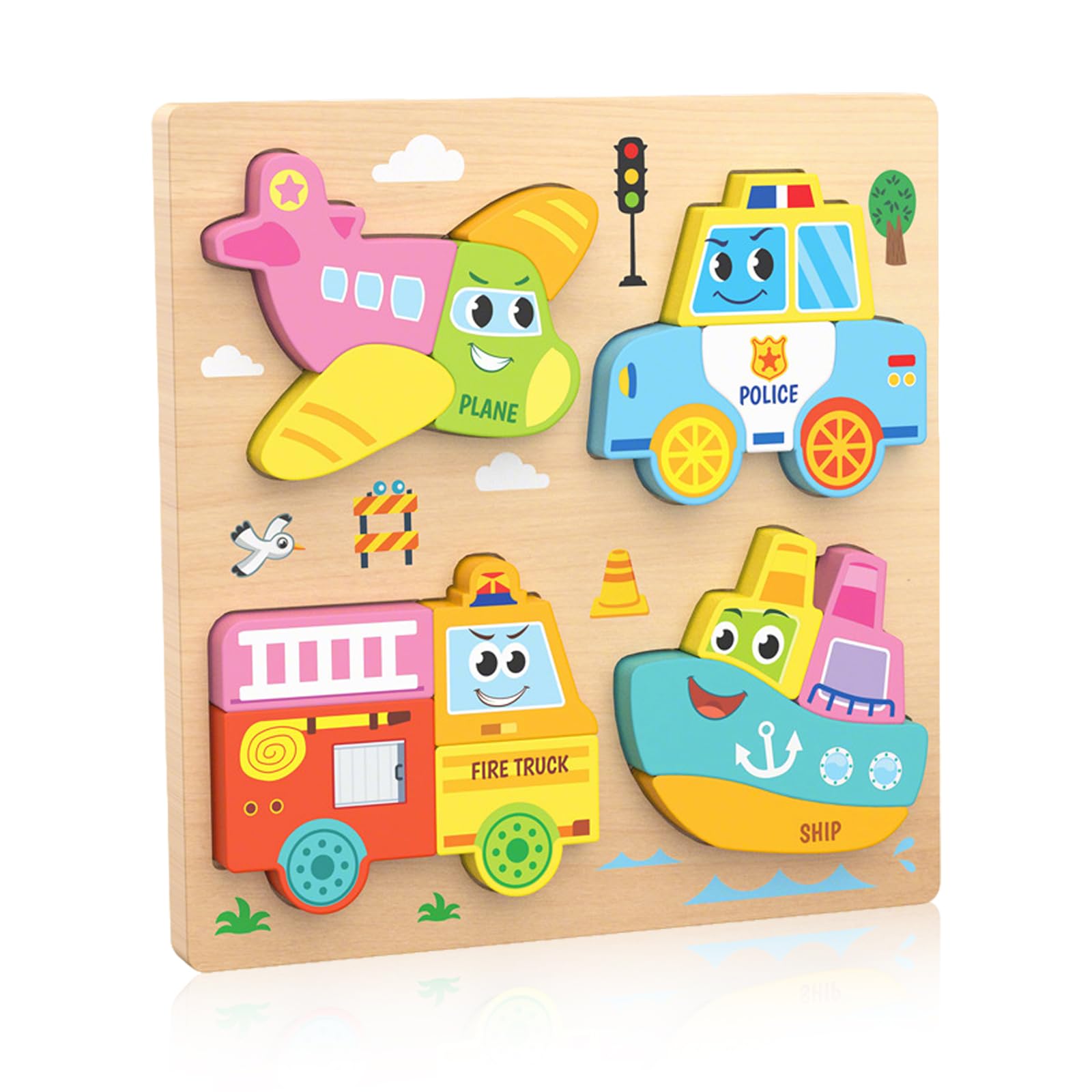 4-in-1 Wooden Puzzles for Toddlers 1-3 Years Old, Montessori Learning Toys for Babies, Educational Jigsaw Puzzles for 1 2 3 Year Old Boys Girls, Safe Wooden Toys for Kids Birthday Presents (Vehicle)