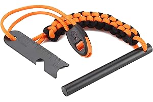 Drilled Ferro Rod Fire Starter, FOSTAR 4 Inch Flint Steel with Paracord Lanyard Handle, Striker and Whistle, for Emergency Survival Kits, Hiking, Camping All-Weather Ferrocerium Rod