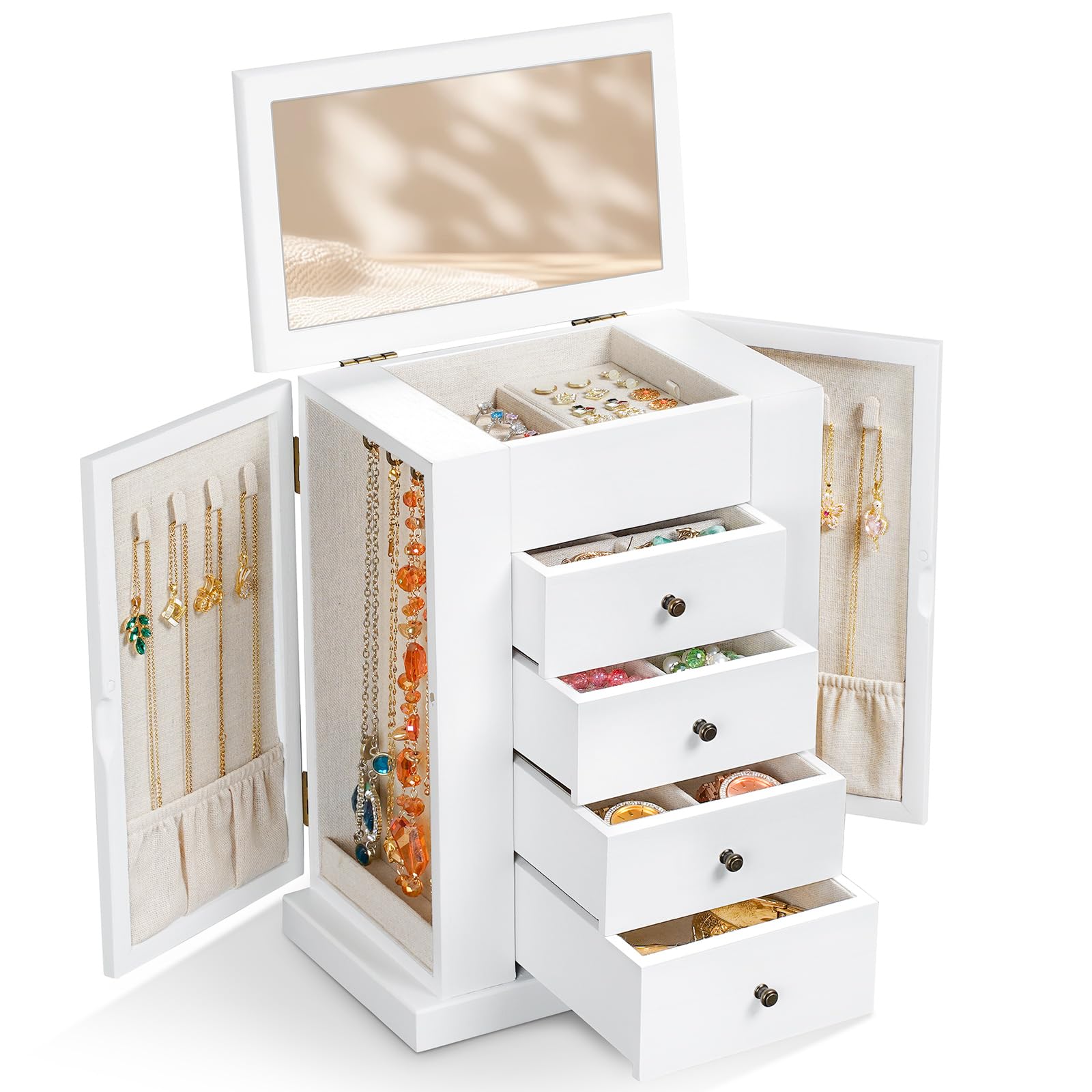 Photo 1 of Emfogo Jewelry Box for Women, 5 Layer Large Wood Jewelry Boxes & Organizers for Necklaces Earrings Rings Bracelets, Rustic Jewelry Organizer Box with Drawers and Mirror (Vintage White)