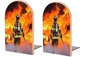 Firefighter Fireman Flame Wood Bookend 1 Pair Non-Skid Heavy Duty Book End Modern Decoration Wooden Bookend for Home Office S