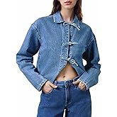 Kedera Womens Jean Jacket Tie Front Long Sleeve Denim Shacket Lapel Collar Tops Fall Winter Fashion Trendy Coat Blazer