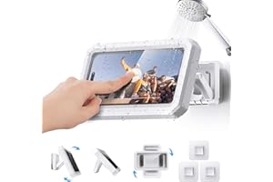 Cverny Shower Phone Holder Waterproof, 360° Rotation HD Anti-Fog Phone Stand Case, Bathroom Cell Phone Holder Wall Mount with Back-Adhesive for Phones Bathroom Batheub Mirror Kitchen Up to 6.7"