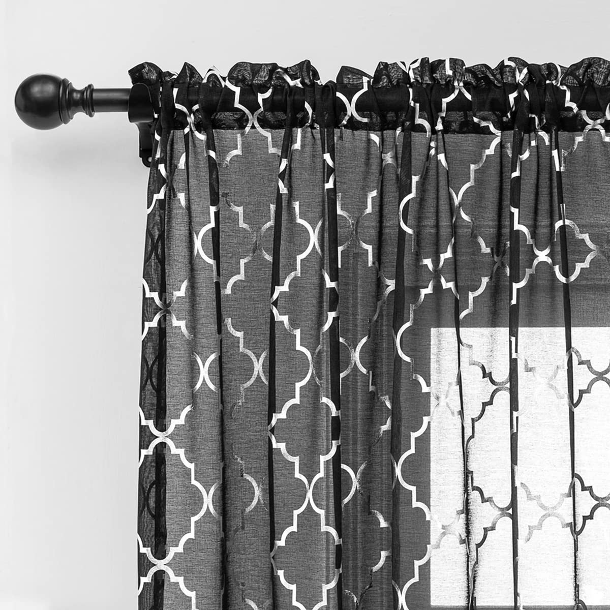 Kotile - 2 Panels Black Moroccan Arched Tile Pattern Metallic Silver Sheer Curtains Rod Pocket Light Filtering Privacy Living Room 52 x 84 inches (W x L)