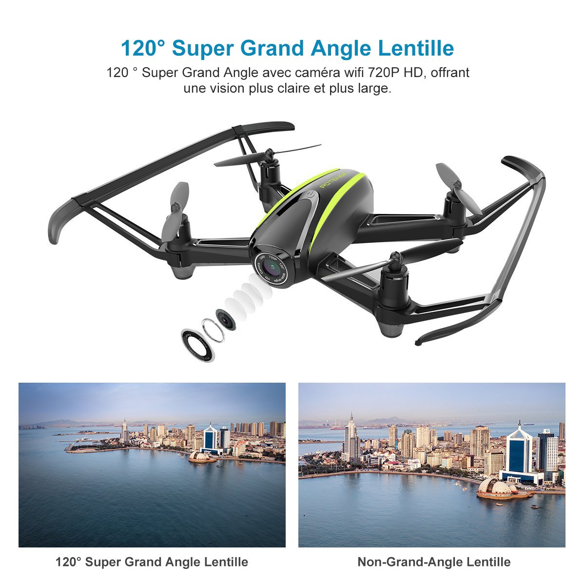 Potensic Drone avec caméra HD, U36W RC Avion 720P caméra, Mode sans Tête, Mode de Restez-Altitude, Fantastiqu Super Grand Angle à 120 degrés Cadeau de la fête(U36)