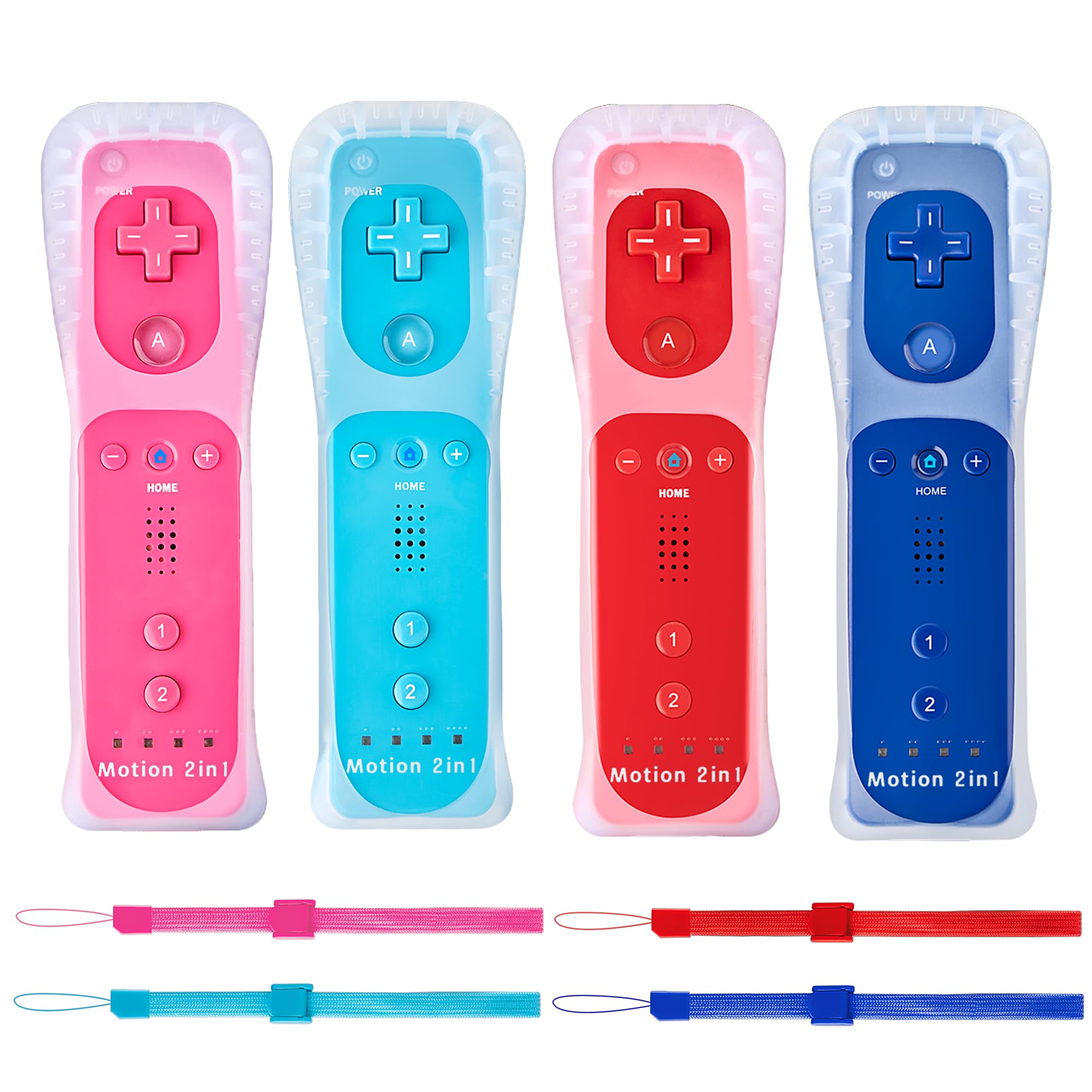 DTianSir 4Pack Motion Plus Wii Remote Controllers with Silicone Case & Wrist Strap,Wii Remote Controllers with Built in Motion Plus Compatible for Wii U Consoles(Red+Light Blue+Pink+Blue)