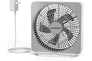 SONBION Small Window Fan, 10 Inch Box Fan, Quiet Electric Fan with Three Speeds, Square Desk Fan for Home Office Room Apartment, 1.7 LB Lightweight, AC Adapter Plug Powered, One Button Control Fan