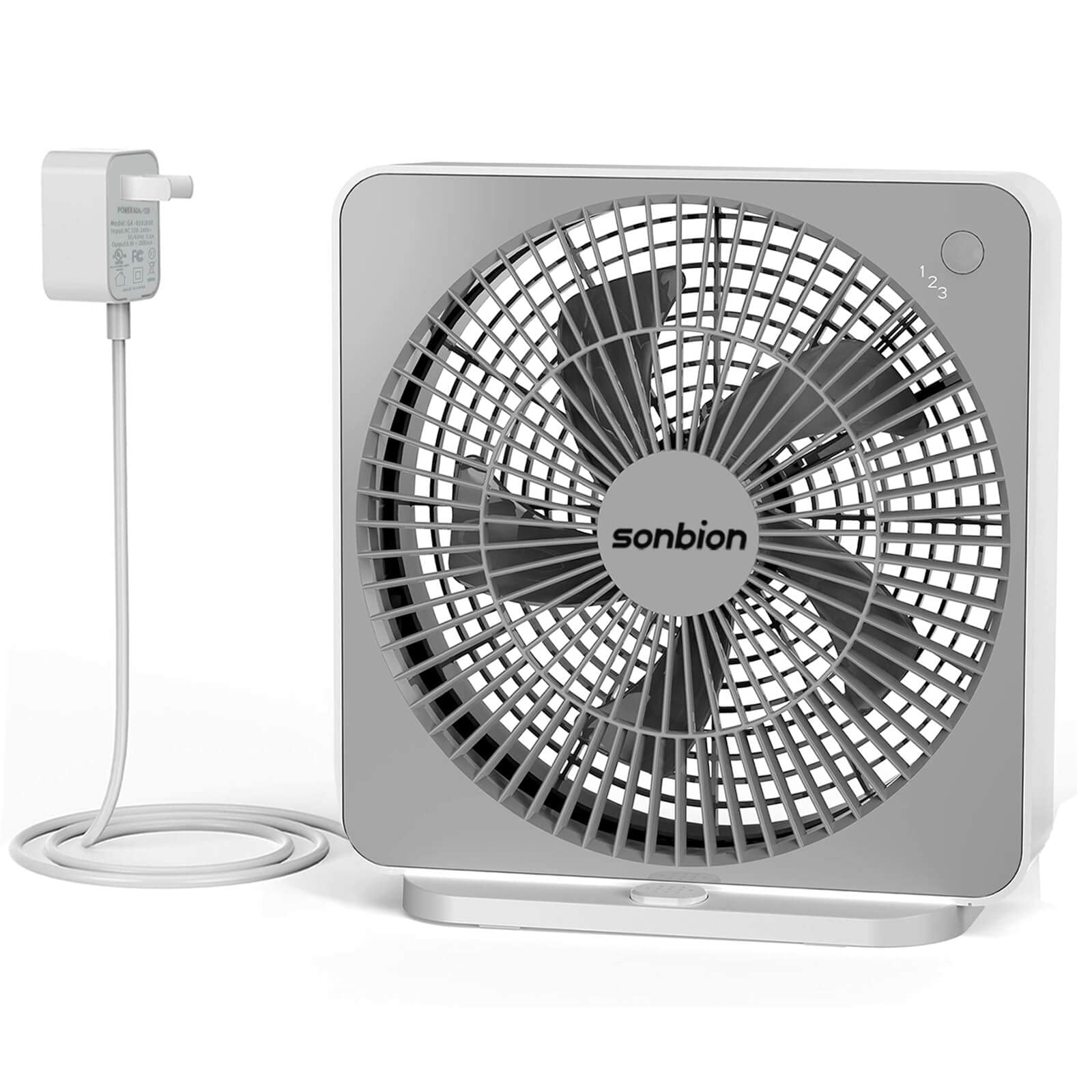 Photo 1 of SONBION Small Window Fan, 10 Inch Box Fan, Quiet Electric Fan with Three Speeds, Square Desk Fan for Home Office Room Apartment, 1.7 LB Lightweight, AC Adapter Plug Powered, One Button Control Fan