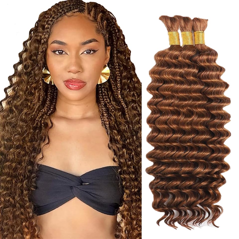 #30 Brown Human Braiding Hair Light Brown Boho Hair for Braiding 12 12 12 Inch Brown Deep Wave Bulk Human Hair Color #30 Knotless Boho Braiding Virgin Hair Extensions 150g at Amazon