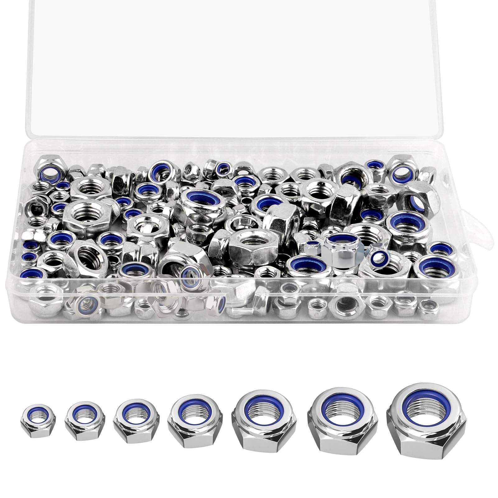 Hexagonal Nuts Set, Stainless Steel Nuts, Self-Locking Nuts, Locking Nuts, Lock Nuts, Stop Nuts for Screws, Washers, Threaded Rods, Pack of 170