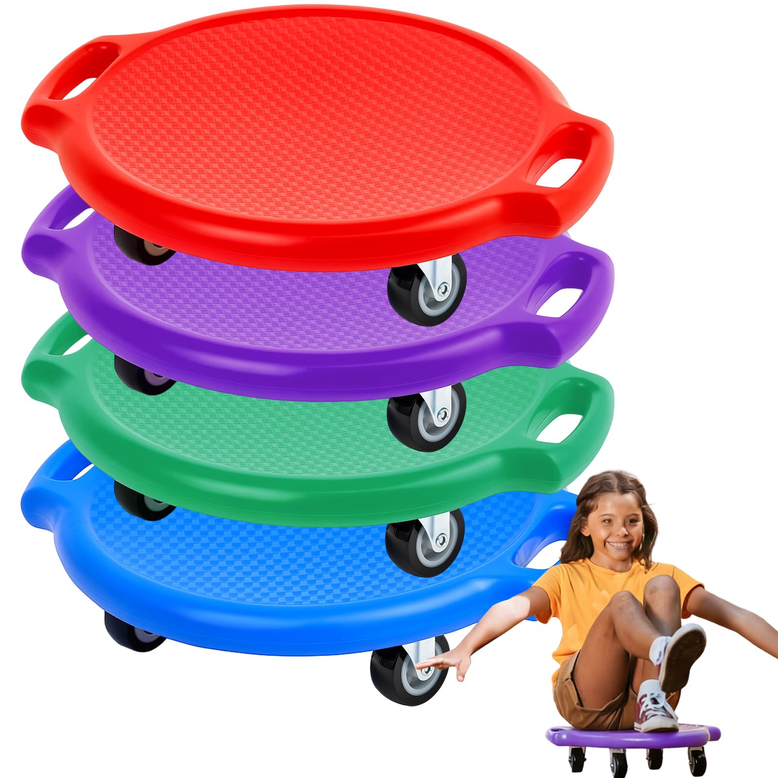 Photo 1 of Soulchen 4 Pcs Manual Sports Scooter Board with Handles, Sitting Scooter Board with Universal Wheels for Home Gym Indoor Outdoor Activities Play Equipment (Red,Green,Blue,Purple)