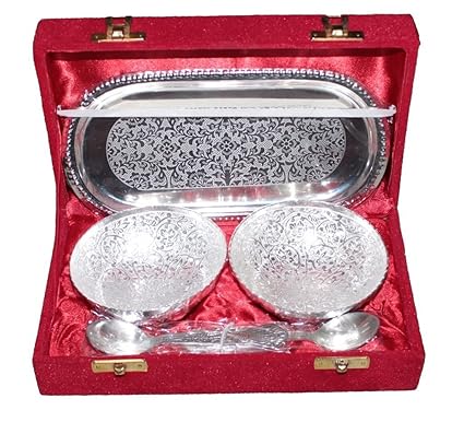 House of Gifts Rajasthani Pink City Jaipur Silver Double Bowl with Plate Spoon Silver Gift Item