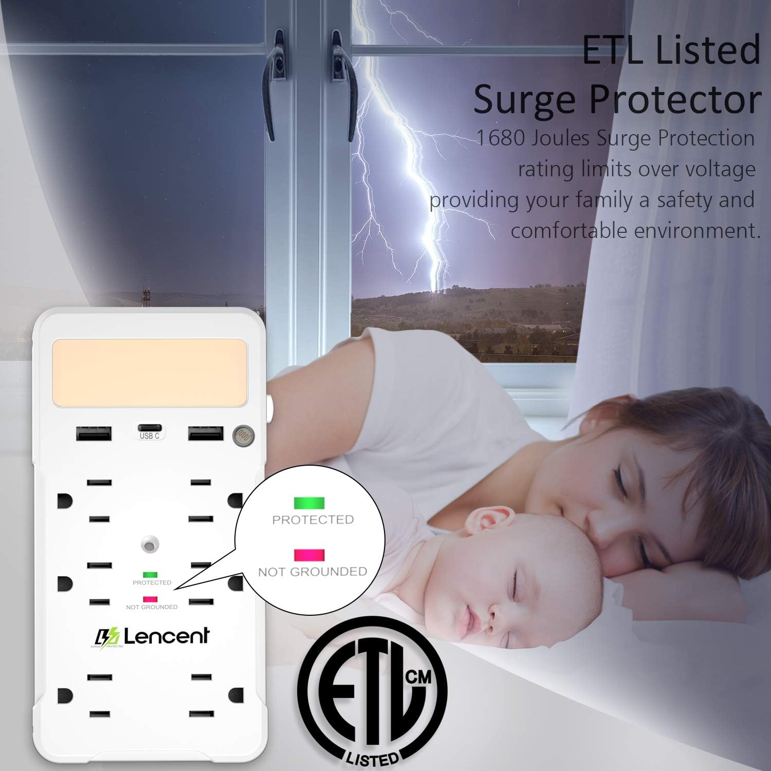 Socket Shelf, LENCENT Surge Protector Multi Plug Outlet Extender Extension with 6 Prong, USB C and Night Light, Type C Wall Charger Adapter Power Strip Multiple Socket Splitter Expander - ETL Listed - - 