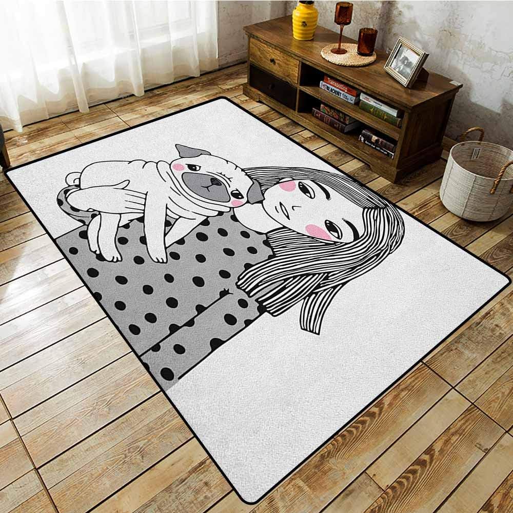 Rectangular Rug，Pug，Girl Holding Her Pug Sad Looking Animal Affection Between a Pet and Owner Image，Easy Clean Rugs Black Grey White