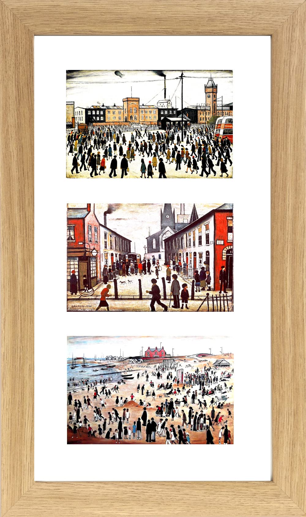 Lowry Images THREE IN ONE Matchstick-Men Seaside, Market Scene, Going To Work, Glass Fronted 16.75" x 10" Frame with Bevel Mount