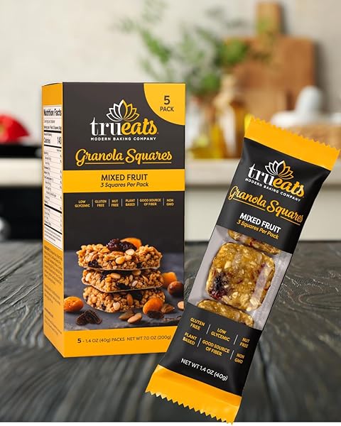TRUEATS CHEWY GRANOLA SQUARES – MIXED FRUIT – PLANT BASED PROTEIN, SNACK BAR – LOW GLYCEMIC, RICH IN PROTEIN & FIBER, GLUTEN FREE, DAIRY FREE, NUT FREE, HEALTHY SNACK, BREAKFAST (3 SQUARES PER PACK) – (5 PACK)